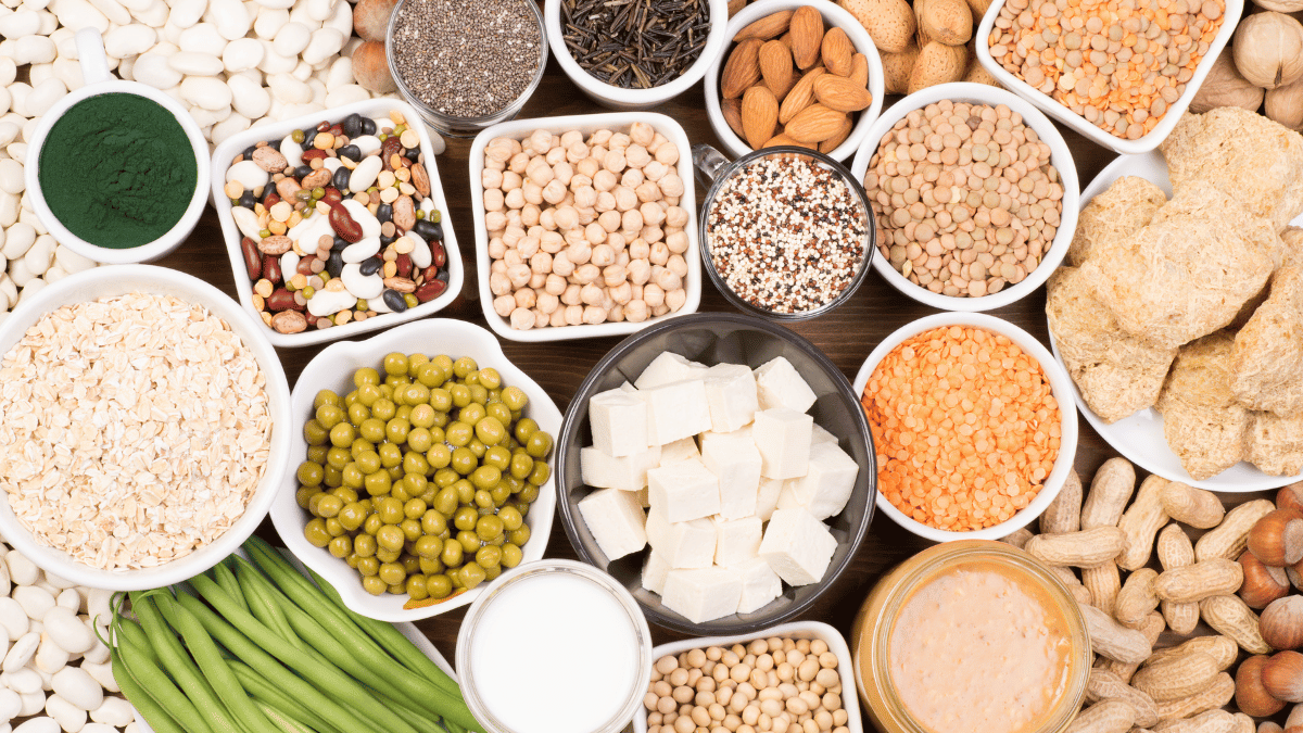 Vegan sources of protein such as beans, peas, lentils, tofu and nuts