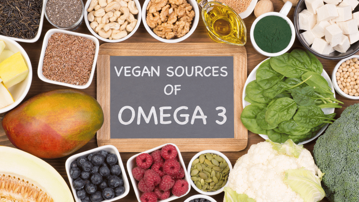 Vegan food rich in Omega 3 fatty acids such as fruit, vegetables, seeds, nuts